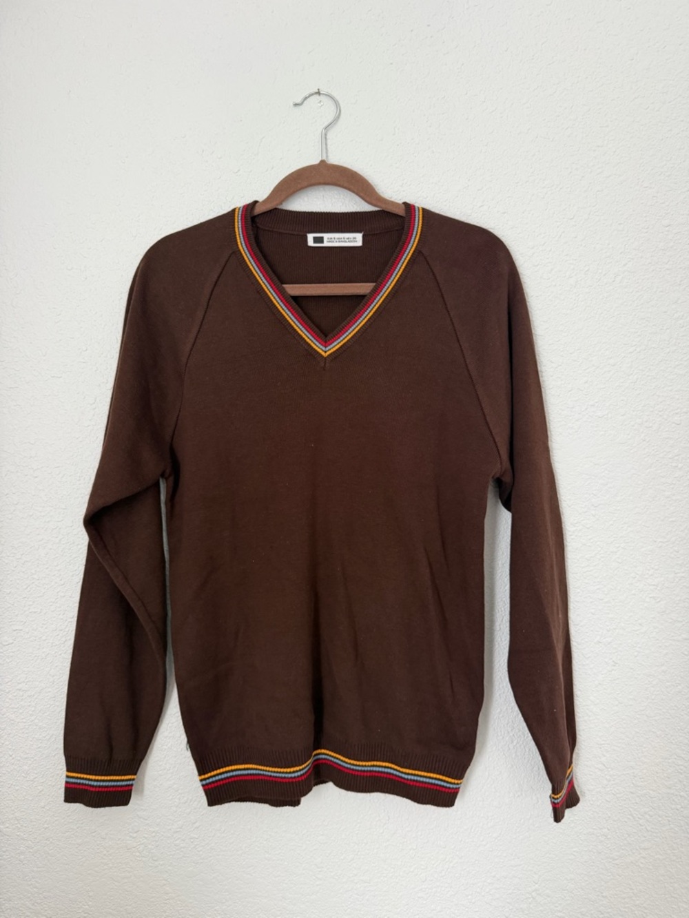 Zara Brown Vintage Varsity Sweater with Colorful Trim | Small